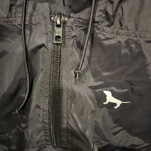 Victoria's Secret PINK Half Zip Jacket M/L Slicker Windbreaker Black Dog Hood - Picture 7 of 14